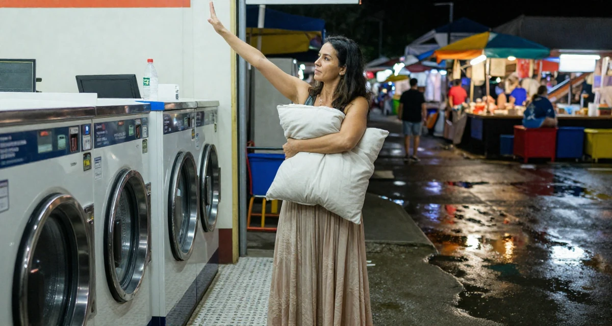 A ethereal Female Once a warehouse picker, now building a creator brand from scratch in their 38, focused on longevity and holistic wellness, wearing a flowing maxi skirt and top, hugging a pillow or cushion in a laundromat.