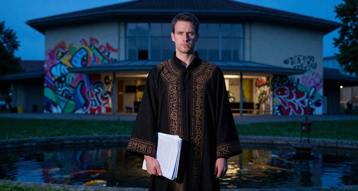 A assertive male From Switzerland, studied finance and banking in their 33, protecting personal time fiercely, wearing a cultist robe with mysterious rune embroidery, carrying a stack of documents in a concert hall.