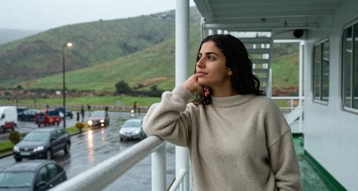 A relaxed Female From Morocco, majored in web development in their 24, understanding personal limits and staying safe, wearing a cozy fleece pullover, holding a railing in a ferry deck.