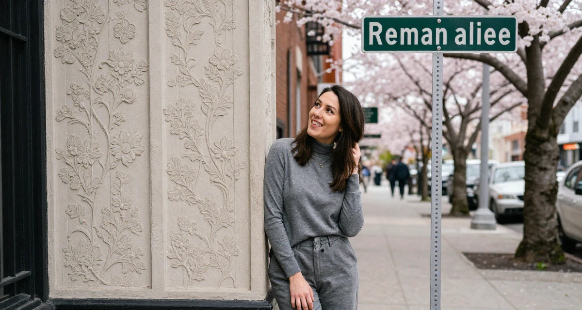 A cheerful Female From United States, majored in development economics in their 28, realizing rebranding is emotionally draining, wearing a grey tones casual wear, looking at a street sign in a city sidewalk.