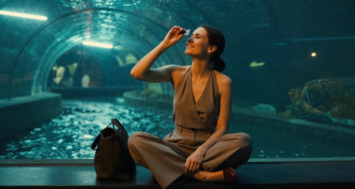 A blissful Female From Finland, based in Tampere, graduated from a tech university majoring in human-centered design in their 25, adjusting expectations for adult life, wearing a halter neck top and wide-leg office trousers, looking through a bag in a aquarium tunnel.