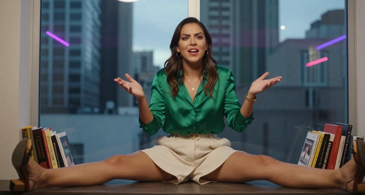 A cheeky Female From Colombia, based in Cali, graduated from a local arts school majoring in glam-focused digital media in their 23, refining video style through trial and error, wearing a emerald green silk blouse and a cream skirt, gesturing while talking in a cozy reading nook by a window.