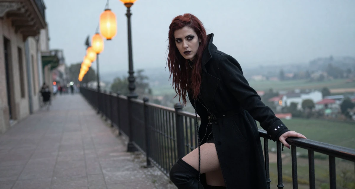 A fearless Female From Argentina, based in Rosario, graduated from a national university majoring in audiovisual production in their 29, battling algorithm changes that destroy momentum, wearing a gothic vampire hunter outfit with a long coat, holding a leash in a city sidewalk.