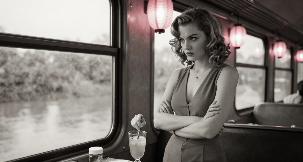 A impatient Female From Germany, has a background in psychology in their 31, enjoying the fruits of labor from the 20s, wearing a fitted jumpsuit with an open back design, stirring a drink in a train carriage.