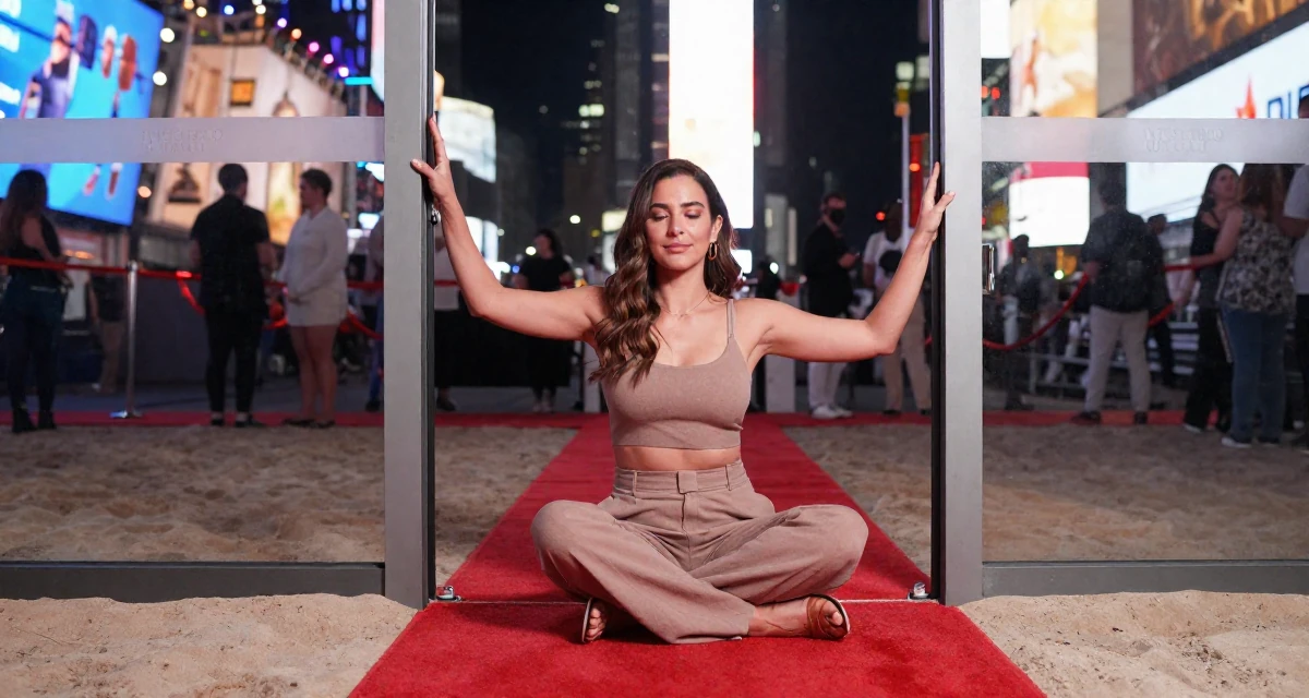 A serene and peaceful Female From Mexico, majored in advertising and PR in their 25, balancing hard work with luxury self-care, wearing a muted earth-tone clothing set, pushing a door open in a red carpet event.