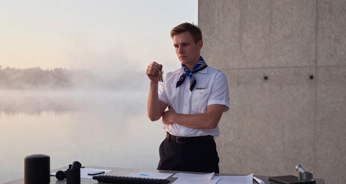 A enigmatic male From Finland, based in Espoo, graduated from a design institute majoring in atmospheric lighting arts in their 25, identifying strengths and weaknesses, wearing a flight attendant uniform with a silk scarf, holding a set of keys in a messy desk.