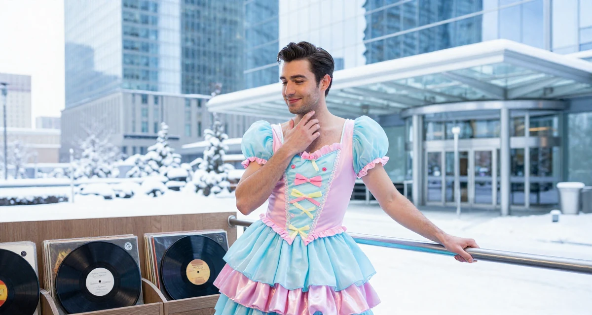 A friendly male From Las Vegas USA, learned burlesque performance and crowd engagement in their 31, starting fitness journey, wearing a candy-themed magical girl dress with pastel colors, grabbing a railing for support in a waiting room.