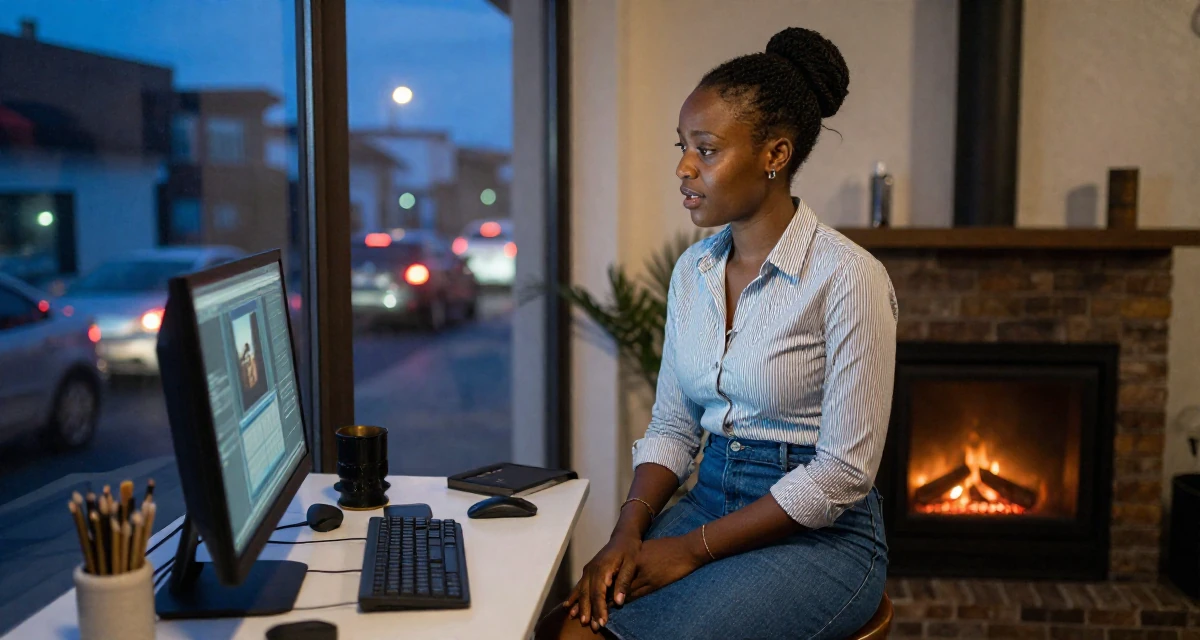 A inspired Female From Ivory Coast, studied music production in their 22, adjusting workflow to avoid late-night editing sessions, wearing a striped button-down shirt tucked into a denim pencil skirt, watching traffic pass by in a dining room.