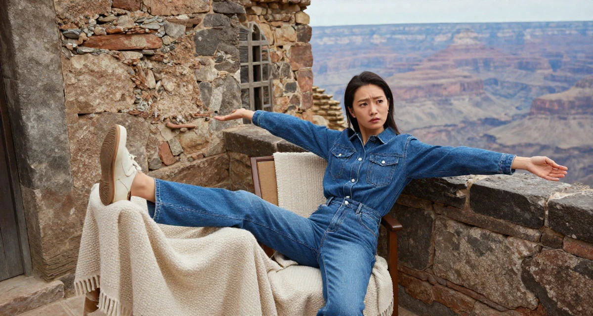 A puzzled Female From Wuhan China, studied marketing and communications in their 31, recently paid off student loans, wearing a fashionable denim on denim, stretching arms after waking in a ancient stone ruins.
