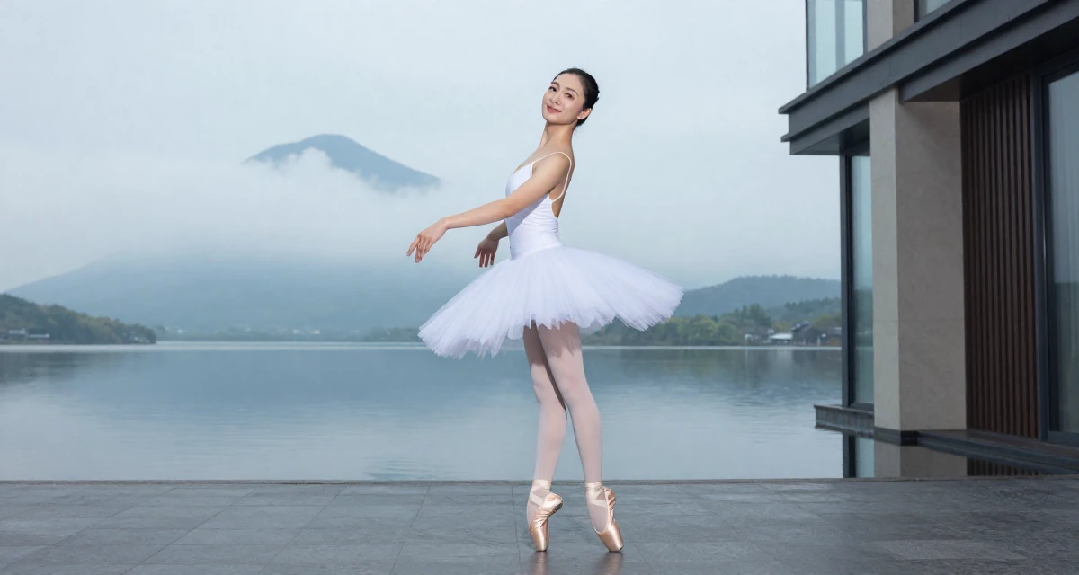A amused Female From Hangzhou China, majored in visual arts in their 24, investing in quality furniture and lifestyle, wearing a ballet tutu and satin pointe shoes, tapping a foot rhythmically in a modern apartment.