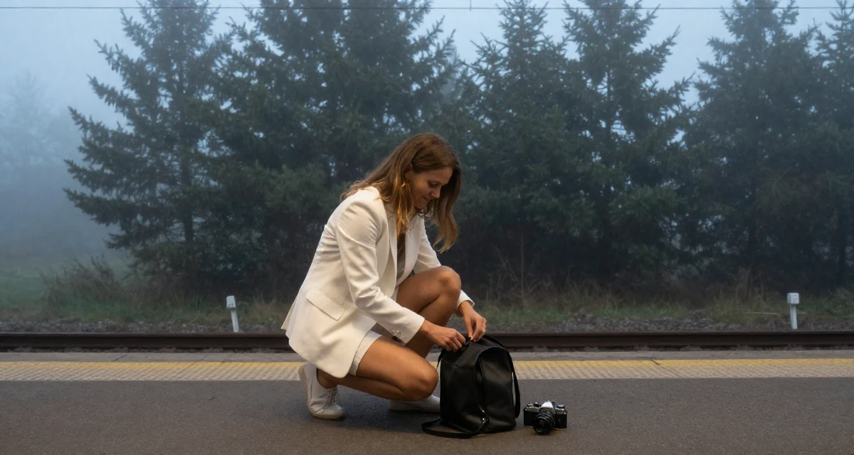 A softly smiling Female From Poland, based in Gdańsk, graduated from a communication college majoring in expressive personal branding in their 25, fighting comparison with creators who grew faster, wearing a white blazer and matching white shorts, zipping up a bag in a subway station.