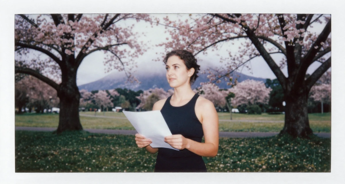 A glowing Female From Sydney Australia, trained in pole fitness and expressive dance in their 22, feeling the imposter syndrome in a first serious job, wearing a urban minimalist silhouette, holding a piece of paper in a cherry blossom park.