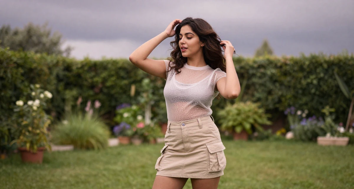 A elegant Female From Arabic-speaking world, majored in health administration in their 23, learning to convert sensual confidence into stable income, wearing a layered mesh top and cargo mini skirt, messing up hair playfully in a backyard garden.