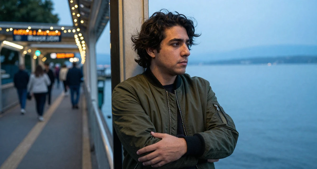A composed male From Mexico, majored in advertising and PR in their 26, cutting off toxic relationships and habits, wearing a classic bomber jacket style, adjusting sleeves in a serene lakeside dock.