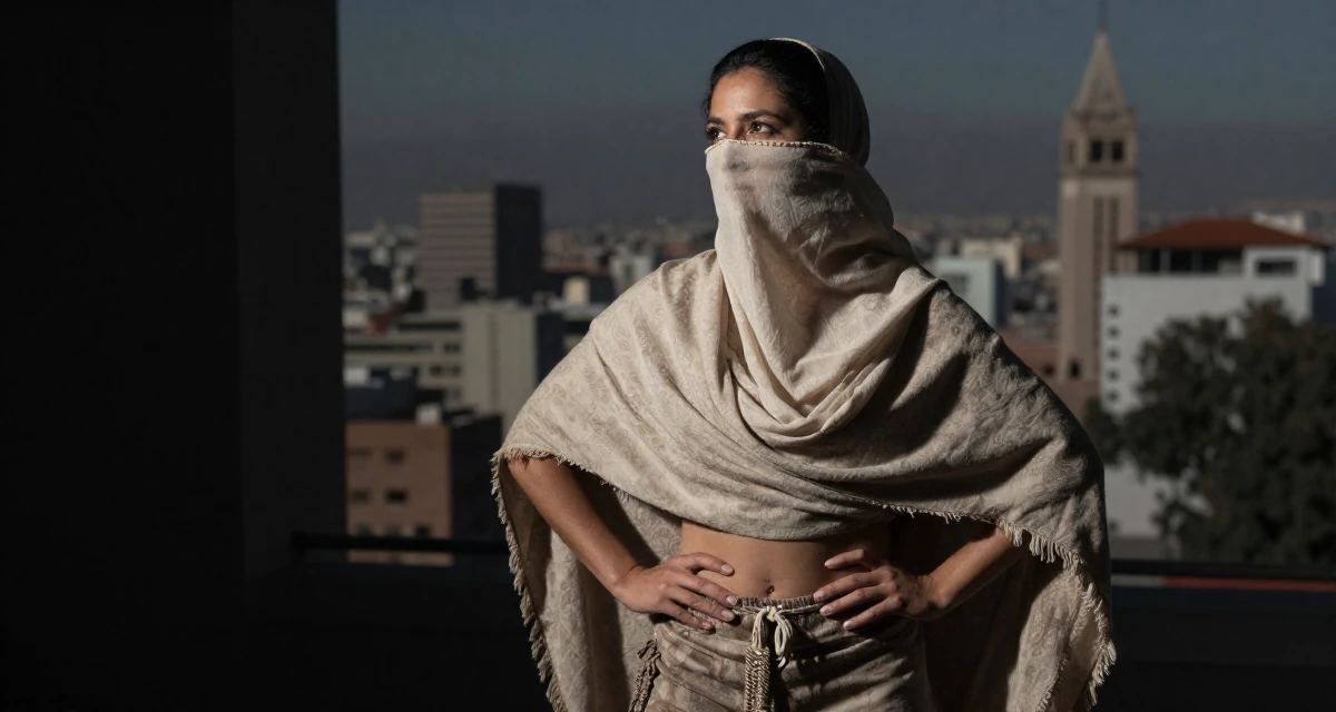 A relaxed and carefree Female From Chile, majored in astronomy in their 25, discovering early creative passions, wearing a desert nomad wrap outfit with a face veil, clasping hands together in a photo studio.