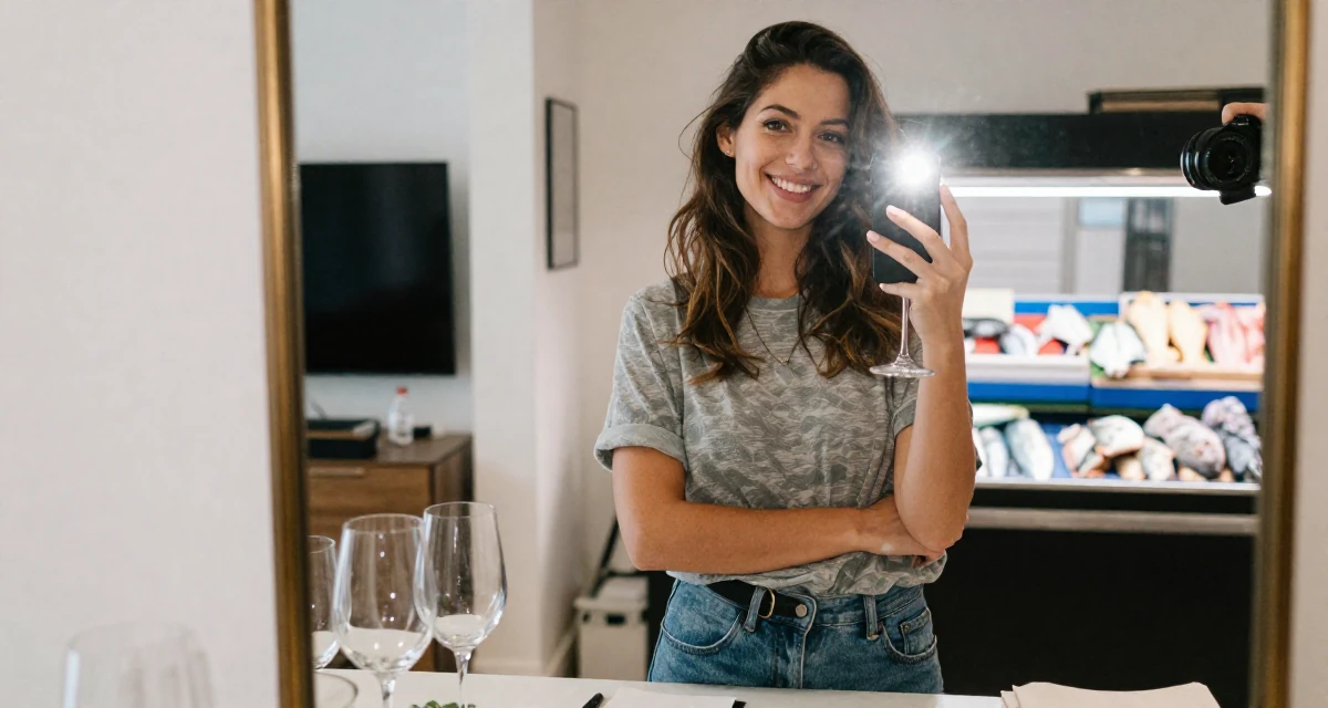 A bright and optimistic Female Once a calligraphy hobbyist, now integrating art into sensual themes in their 22, adjusting workflow to avoid late-night editing sessions, wearing a casual weekend brunch outfit, holding a wine glass by the stem in a modern apartment.