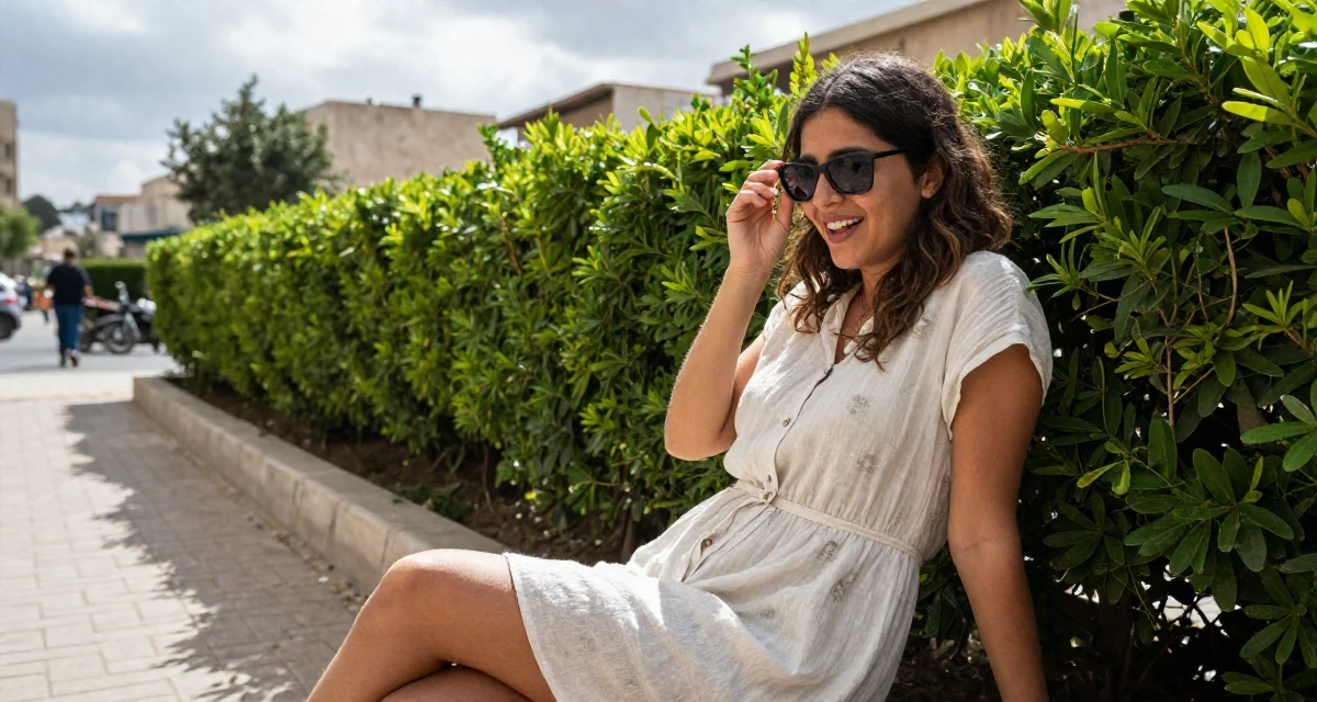 A spirited Female Born in Egypt, studied public relations in their 31, teaching photography and editing skills, wearing a airy cotton dress for summer, lowering sunglasses to look out in a urban street.