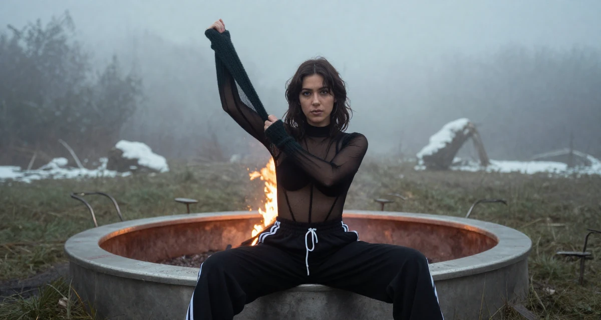 A stoic Female From Chile, studied commercial design in their 25, embracing full creative control over a bold persona, wearing a mesh paneled bodysuit and track pants, pulling a sweater sleeves over hands in a campfire circle.