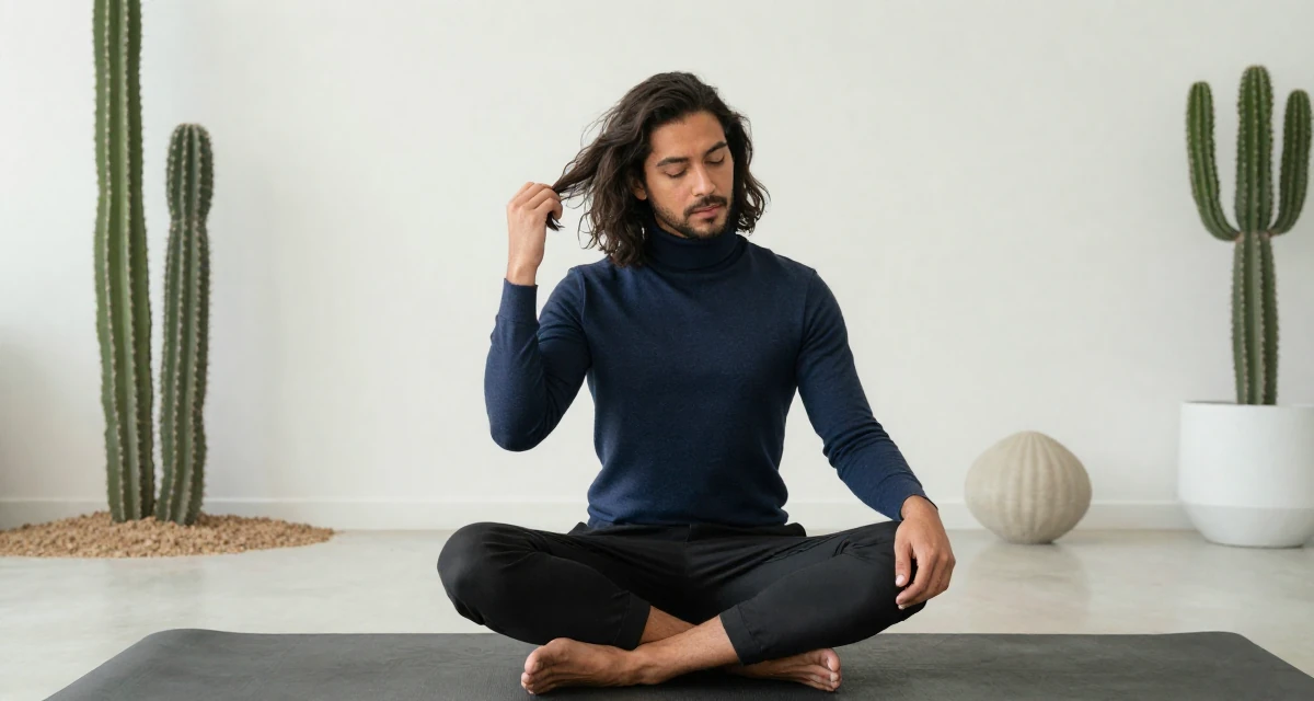 A soulful male From Mexico City Mexico, studied graphic communication in their 23, embracing sultry glam aesthetics as signature style, wearing a sophisticated turtleneck and trousers, fixing a loose strand of hair in a yoga studio.