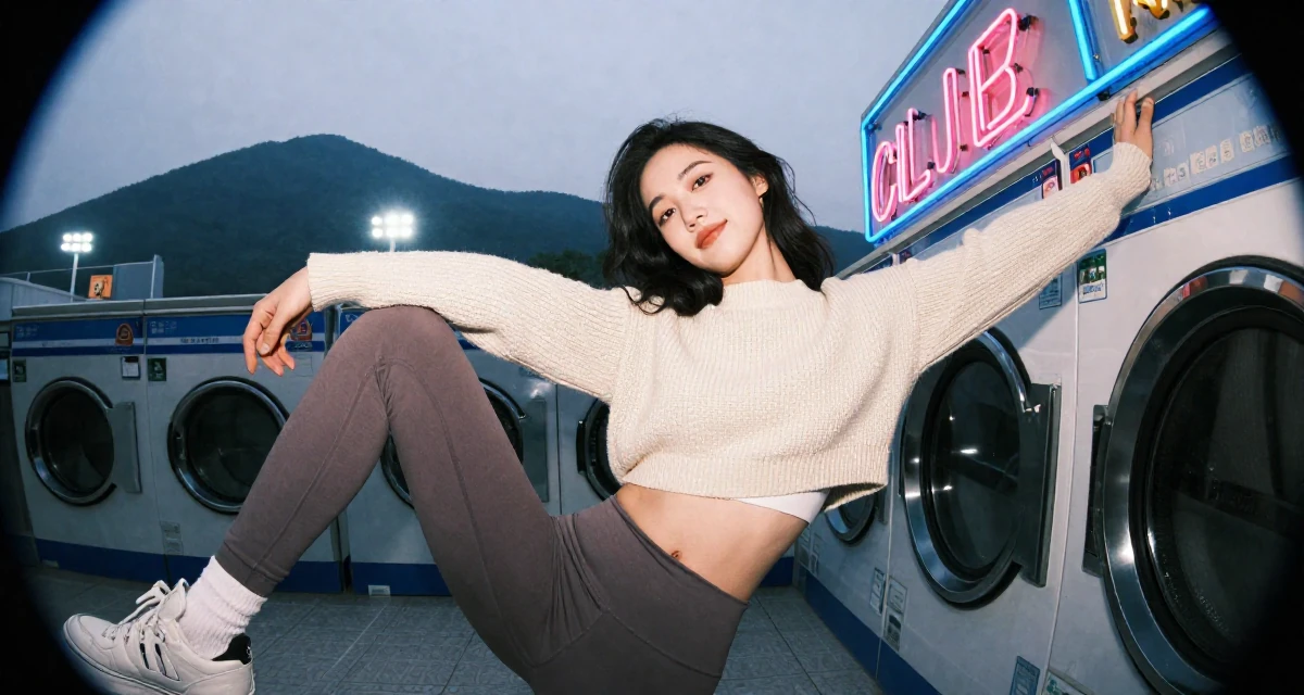 A gentle Female From Suzhou China, holds a degree in architecture in their 23, realizing “less is more” in seductive storytelling, wearing a cropped knitted sweater and form-fitting yoga pants, stretching arms after waking in a laundromat with neon signs.
