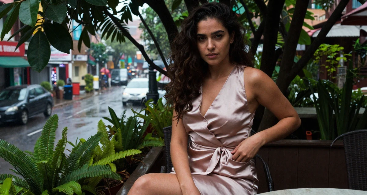 A subtly confident Female Grew up in Nepal, majored in marketing analytics in their 24, healing from past emotional wounds, wearing a satin wrap dress tied loosely at the waist, reaching for a pocket in a garden patio.