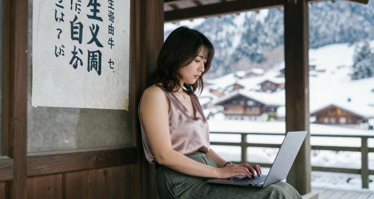 A melancholic yet beautiful Female Once a logistics coordinator, now creating body-positivity material in their 25, letting go of the need to please everyone, wearing a sleeveless silk top and a high-waisted skirt, typing on a laptop in a Japanese Shinto shrine.