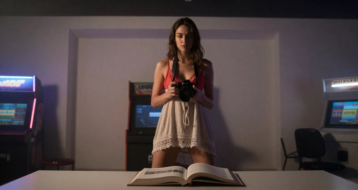 A resolute Female From Spain, studied audiovisual communication in their 23, experimenting with bolder lingerie styles while staying safe, wearing a relaxed bohemian style dress, holding a camera in a arcade room with neon lights.