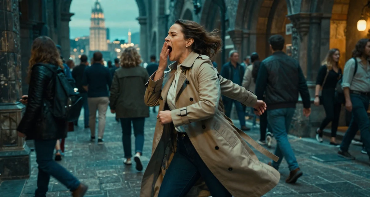 A fearless Female Former accountant in her 40s, now embracing body confidence and digital art in their 26, chasing the digital nomad lifestyle dream, wearing a stylish trench coat over basics, stifling a yawn in a dungeon cell.