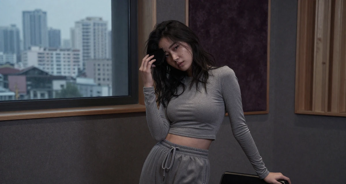 A mysterious Female From Mongolia, majored in history and culture in their 28, facing creator fatigue while pretending to thrive, wearing a tight long-sleeve crop top and jogger pants, brushing hair away from the face in a music recording studio.