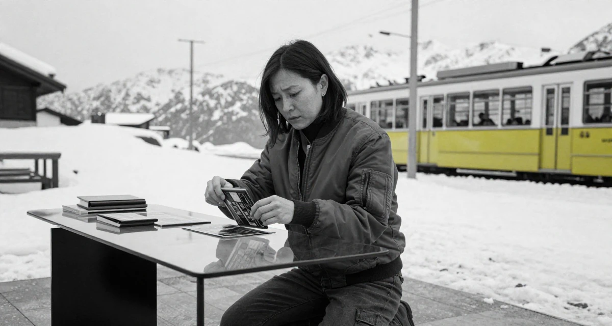 A wistful Female Born Chinese-speaking regions, studied strategic communication in their 45, documenting the renovation of a vacation home, wearing a classic bomber jacket style, examining a product in a snowy mountain peak.