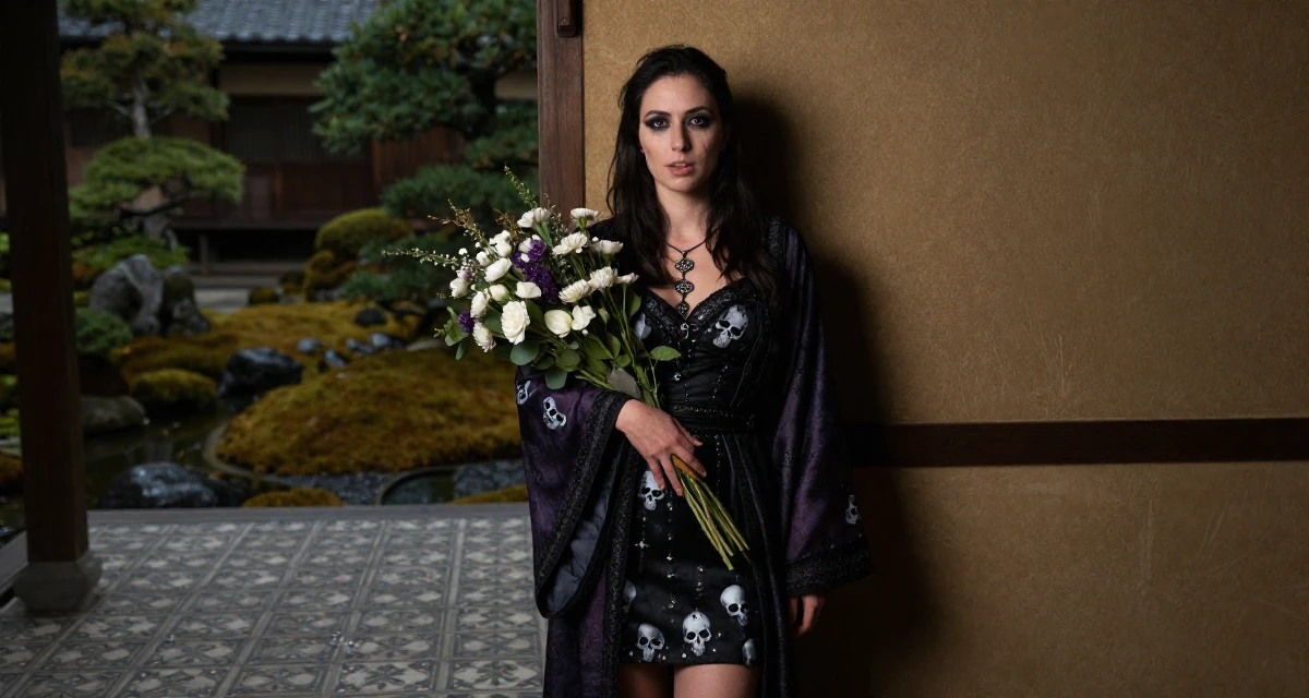 A open and honest Female From Brazil, studied logistics engineering in their 21, wearing a party dress with smudged eyeliner, wearing a dark fantasy necromancer robe with skull motifs, holding a bouquet in a garden patio.