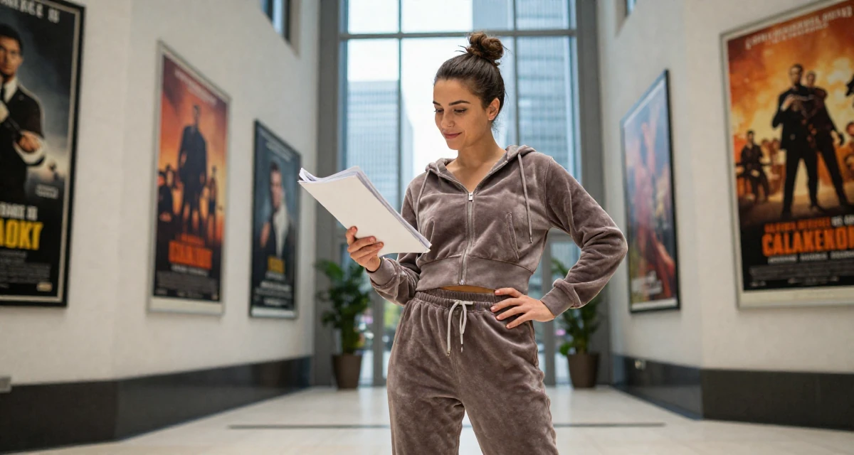 A gently amused Female From Germany, majored in mechanical engineering in their 22, confronting competitive job markets, wearing a velour tracksuit with a cropped zip-up hoodie, turning a page in a modern skyscraper lobby.