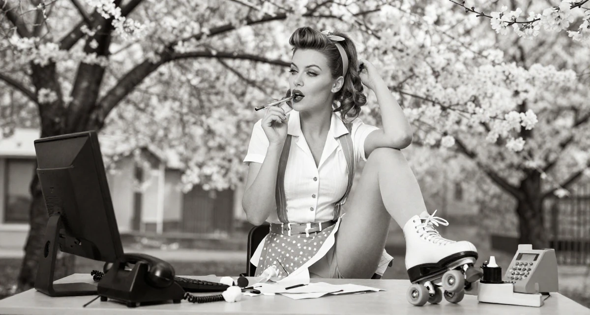 A sultry Female From Poland, majored in international relations in their 36, building a community for working moms, wearing a retro 50s diner waitress uniform with roller skates, chewing on a pen thoughtlessly in a messy desk.