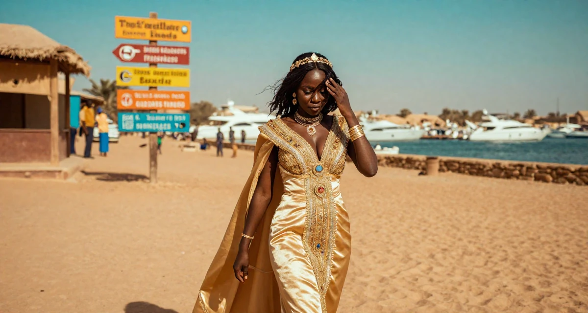 A innocent Female From Burundi, studied business accounting in their 48, reviewing luxury travel destinations, wearing a regal empress gown with heavy silk and jewelry, brushing hair away from the face in a desert landscape.