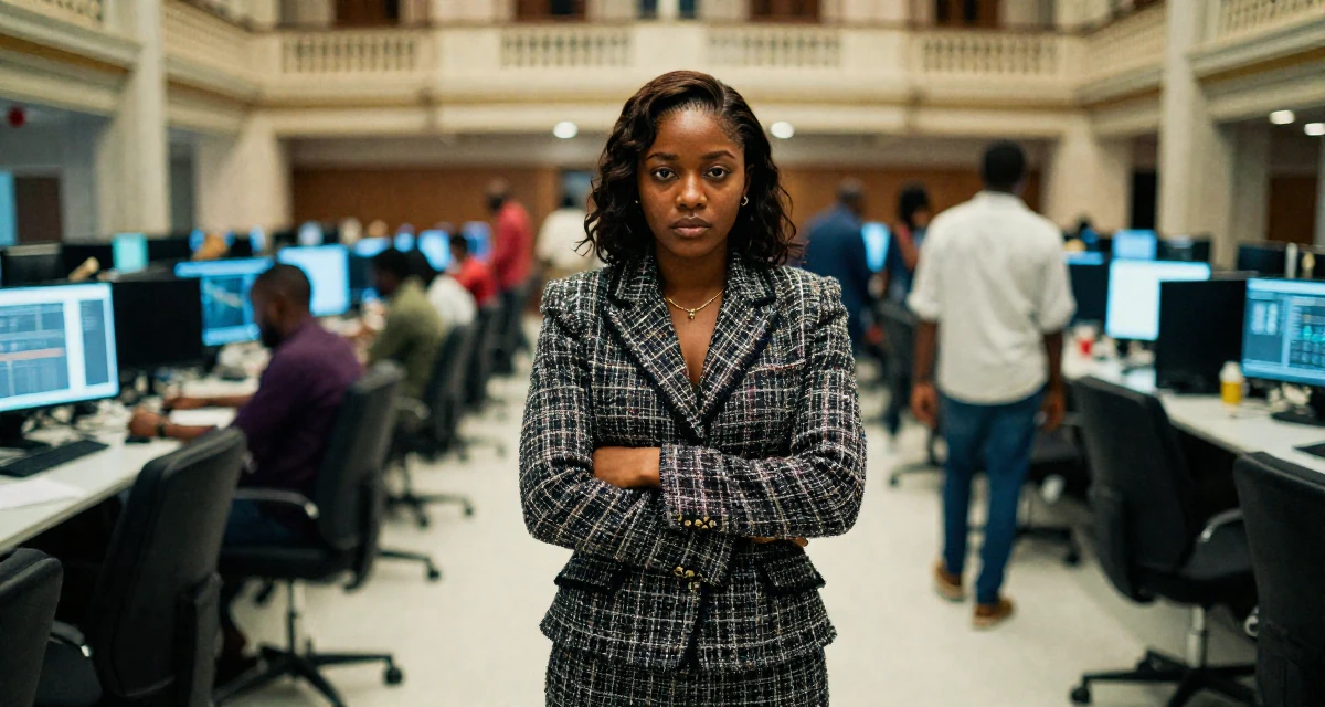A fearless Female From Lagos Nigeria, majored in digital marketing in their 25, developing a stronger creator identity and niche, wearing a classic chanel style tweed suit, putting hands in pockets in a cybernetic computer lab.