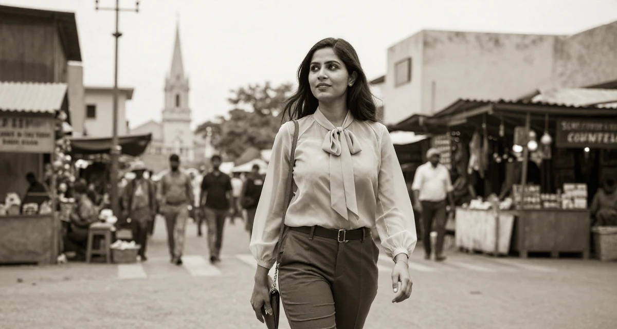 A charming Female Born in India, studied data analytics for media in their 25, thinking about long-term investments, wearing a sheer chiffon blouse with a bow tie neck and slacks, clutching a clutch bag in a busy intersection.