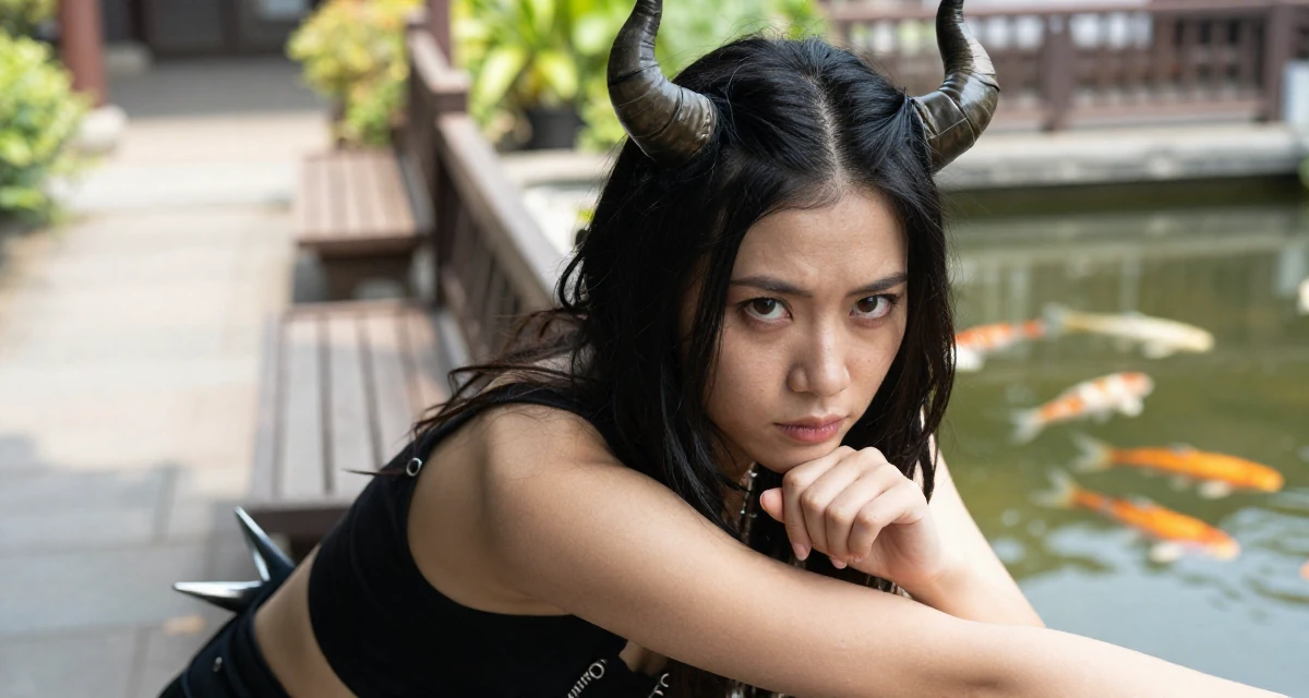 A determined Female Once a dog trainer, now a pet-friendly lifestyle content creator in their 23, realizing content creation requires real discipline, wearing a demon girl outfit with horns and a spiked tail, touching the chin thoughtfully in a sunny patio.