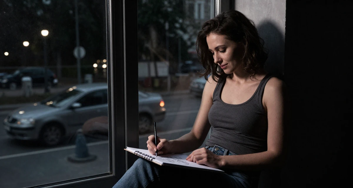 A warm Female From Ukraine, has a degree in interior design in their 24, facing pressure to reinvent the brand constantly, wearing a simple tank top and jeans, sketching on a pad in a lecture hall.