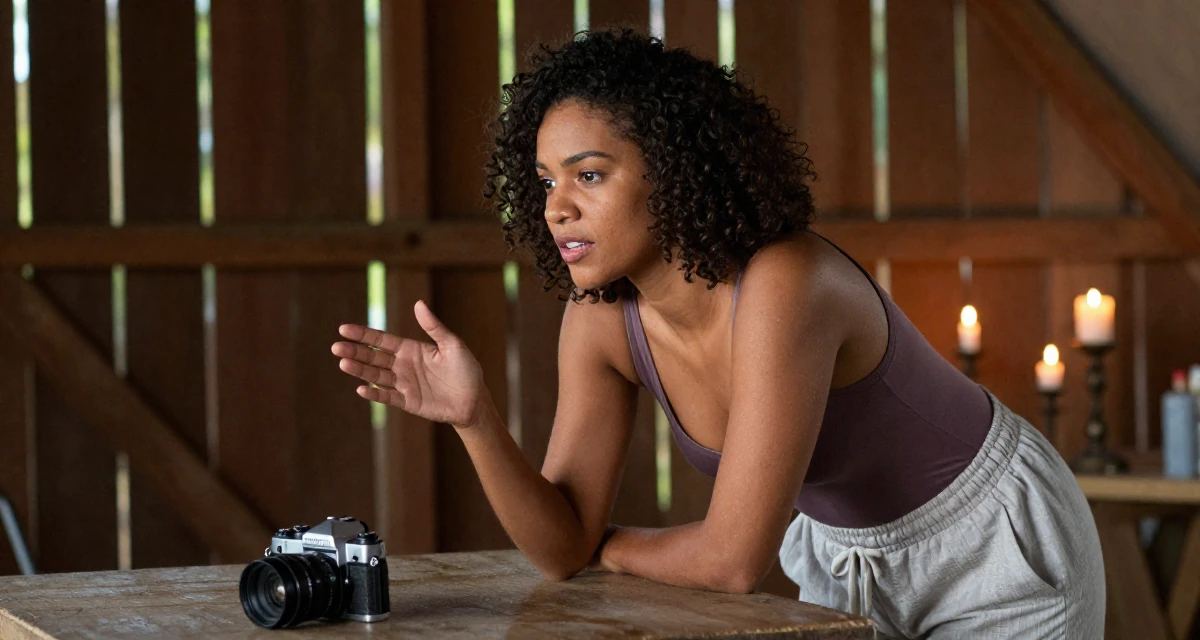 A compassionate Female From Brazil, studied logistics engineering in their 23, exploring feminine power through suggestive styling, wearing a high-cut bodysuit paired with loose jogging bottoms, gesturing while talking in a barn interior.