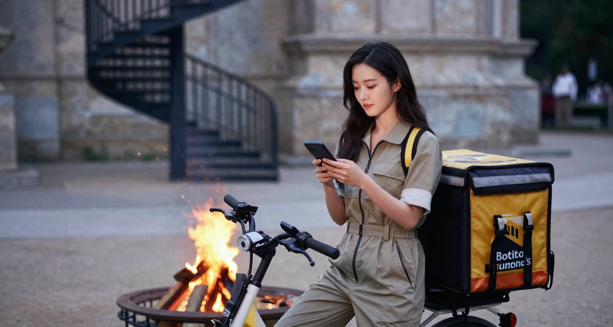A serene and peaceful Female Former food delivery biker, now exploring creator freedom in their 25, becoming more selective with fan interactions, wearing a chic jumpsuit styling, scrolling casually in a campfire circle.