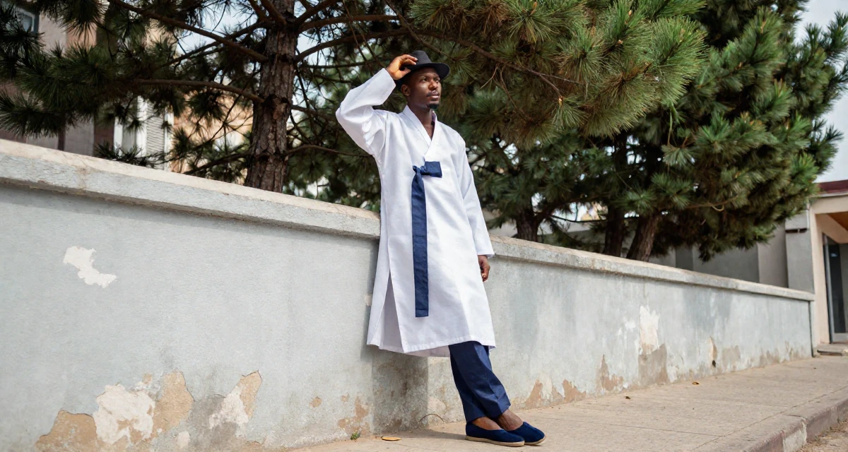 A ethereal male From Nigeria, majored in business communication in their 33, embracing a solo travel lifestyle, wearing a traditional hanbok modified for a modern look, adjusting a hat in a city sidewalk.