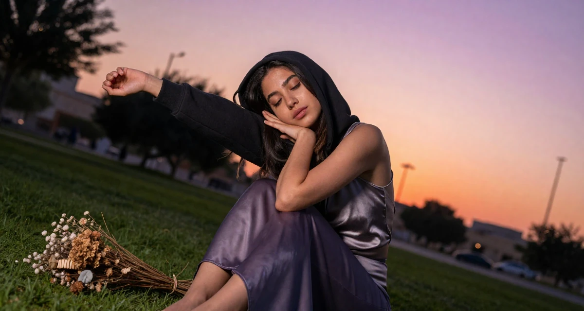 A radiant Female From Abu Dhabi UAE, studied finance and banking in their 20, wearing a hoodie and looking sleep-deprived, wearing a sleeveless silk top and a high-waisted skirt, stretching arms after waking in a quiet park.