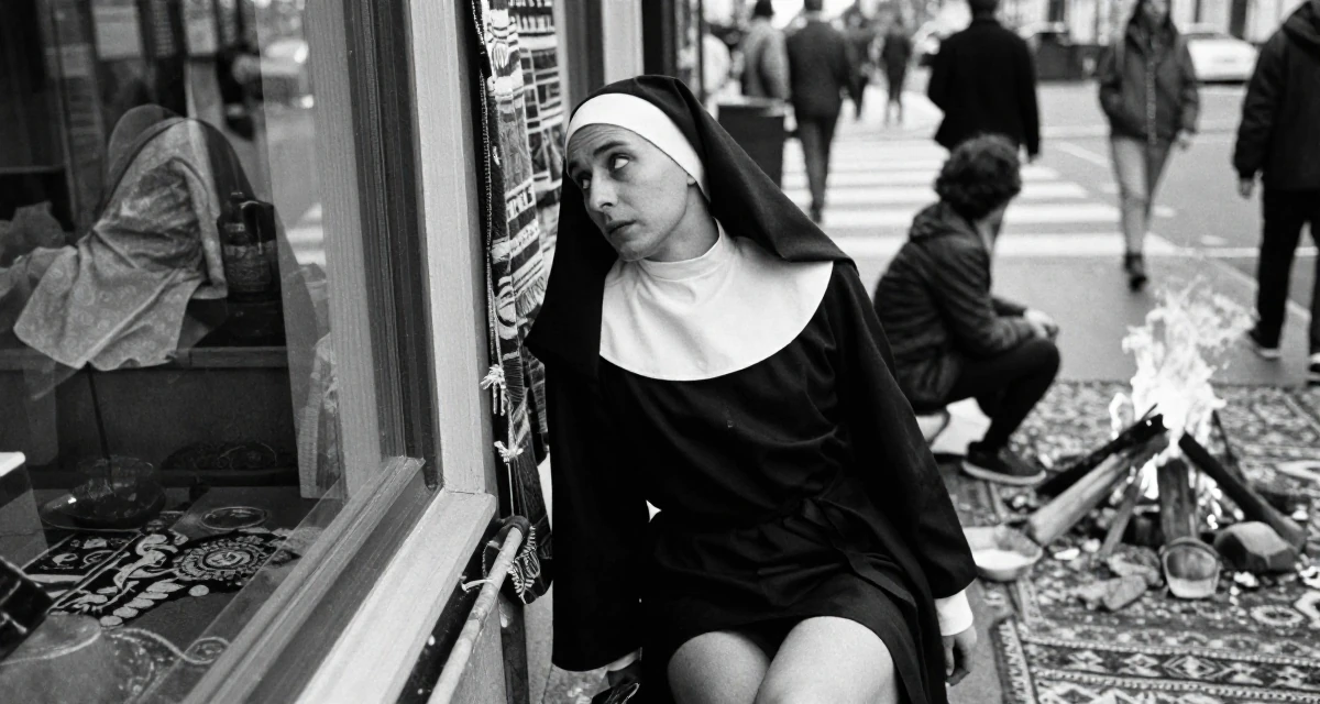 A mischievous male Previously a hairstylist, now showcasing transformation-driven content in their 30, accepting that ambition doesn’t erase exhaustion, wearing a gothic nun habit with a modified short skirt, looking out the window in a busy intersection.