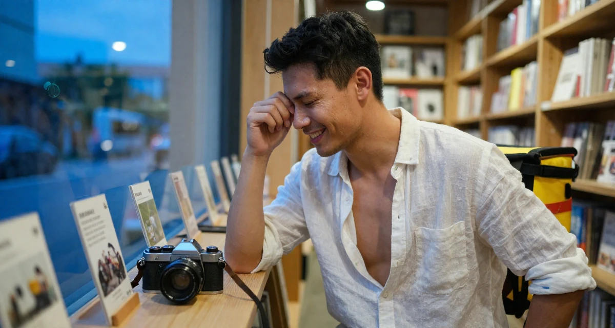 A positive male Once a delivery driver, now a confidence-focused body-positive creator in their 23, comparing their career progress to peers online, wearing a translucent linen shirt worn over a swimsuit, rubbing eyes in a bookstore aisle.