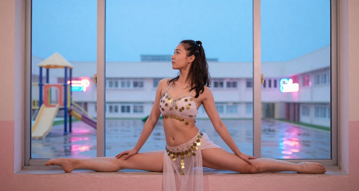 A determined Female From Hong Kong, trained in contemporary dance and visual expression in their 22, scheduling posts to reduce last-minute stress, wearing a belly dancer outfit with sheer fabrics and coins, looking out the window in a school playground.