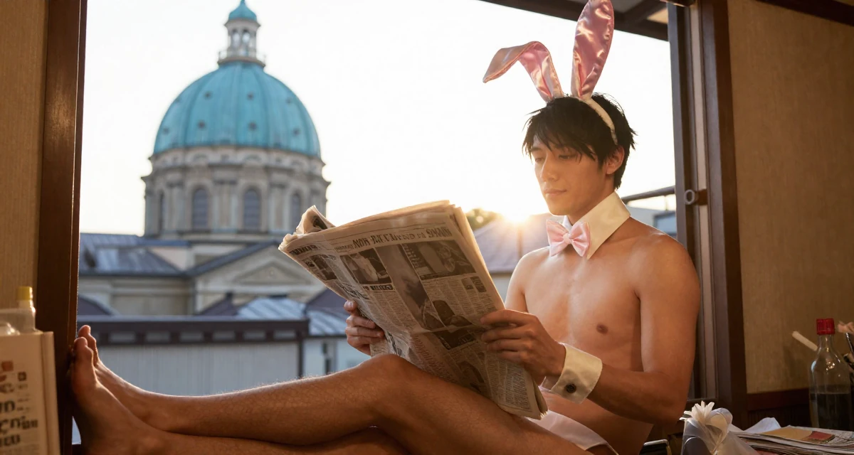 A peaceful male From Kyoto Japan, practiced artistic nude photography as self-expression in their 25, confident enough to wear what they truly like, wearing a playful bunny girl costume with satin ears and cuffs, holding a newspaper in a night market stall.