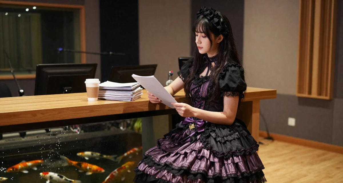 A serene Female From Turkey, has a degree in tourism management in their 25, understanding which content gains real engagement, wearing a elaborate gothic lolita dress with frills and lace, carrying a stack of documents in a music recording studio.