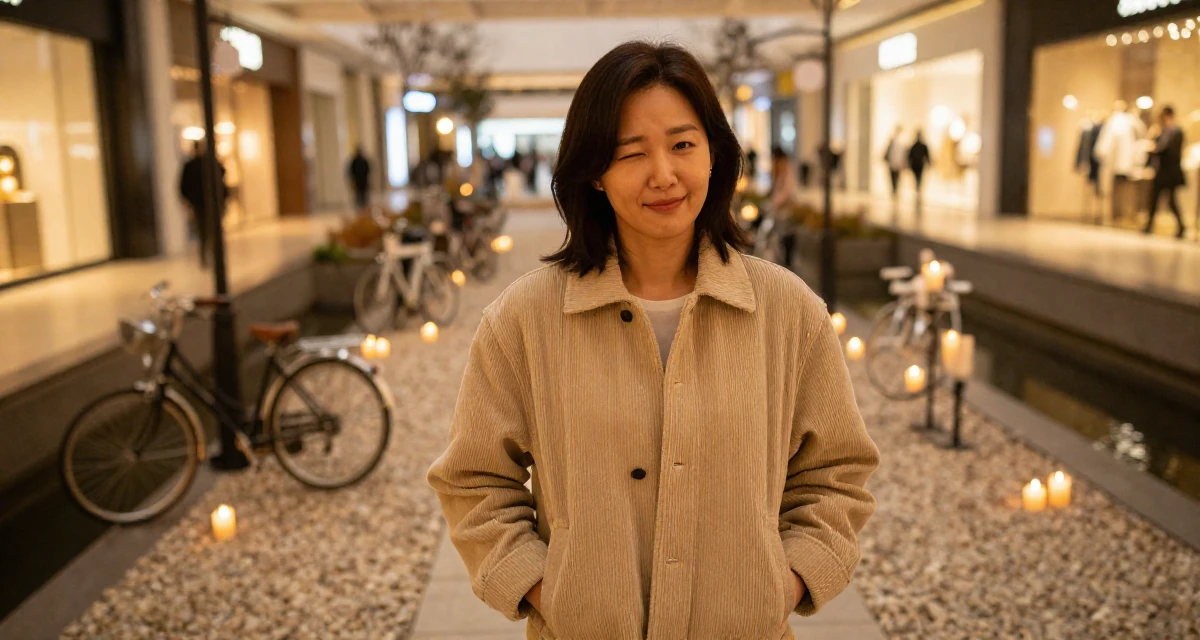 A curious Female From South Korea, trained in broadcasting and media in their 42, sharing the reality of executive burnout, wearing a soft texture corduroy jacket, winking playfully in a shopping mall atrium.