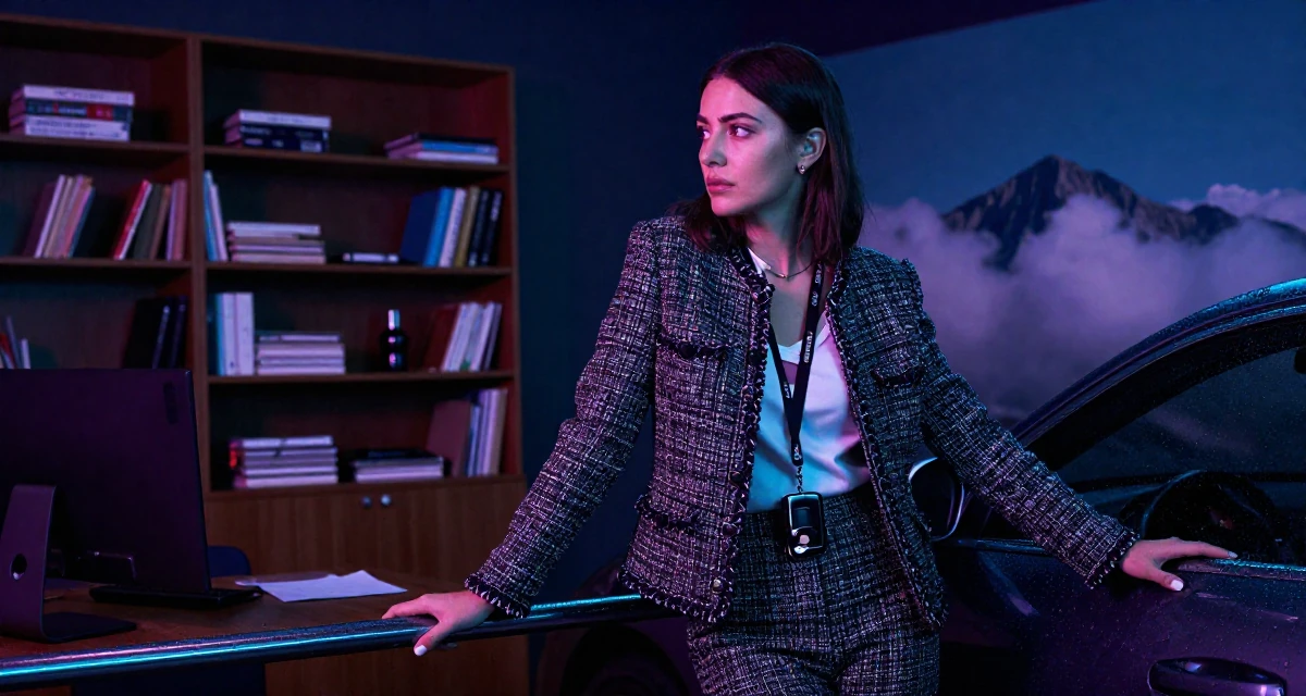 A wistful Female Born in Cyprus, studied tourism development in their 41, tech executive pivot to digital content creation, wearing a classic chanel style tweed suit, grabbing a railing for support in a office break room.