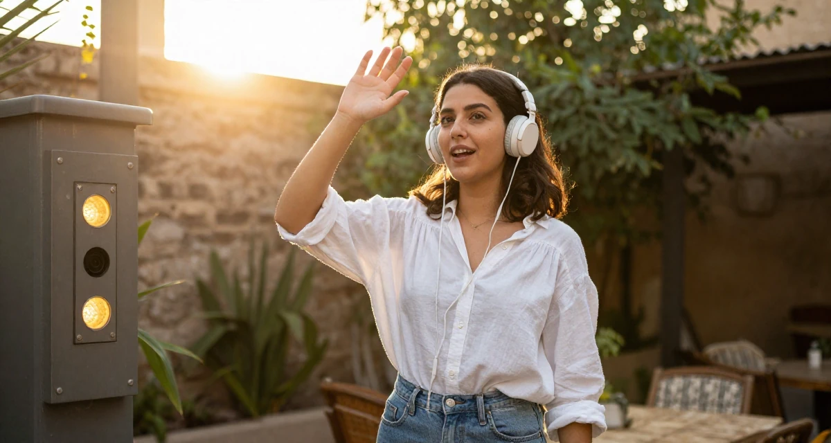 A playful Female From Egypt, majored in archaeology in their 32, exploring sustainable fashion and ethical living, wearing a effortless white blouse and jeans, listening to music with headphones in a garden patio.